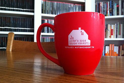 Rose O'Neill Literary House red mug in Penguin Library located in Literary House